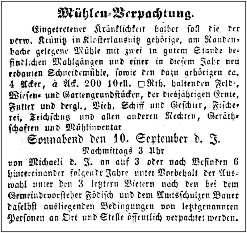 1859-09-10 Kl Muehle Kruenitz Verpachtung